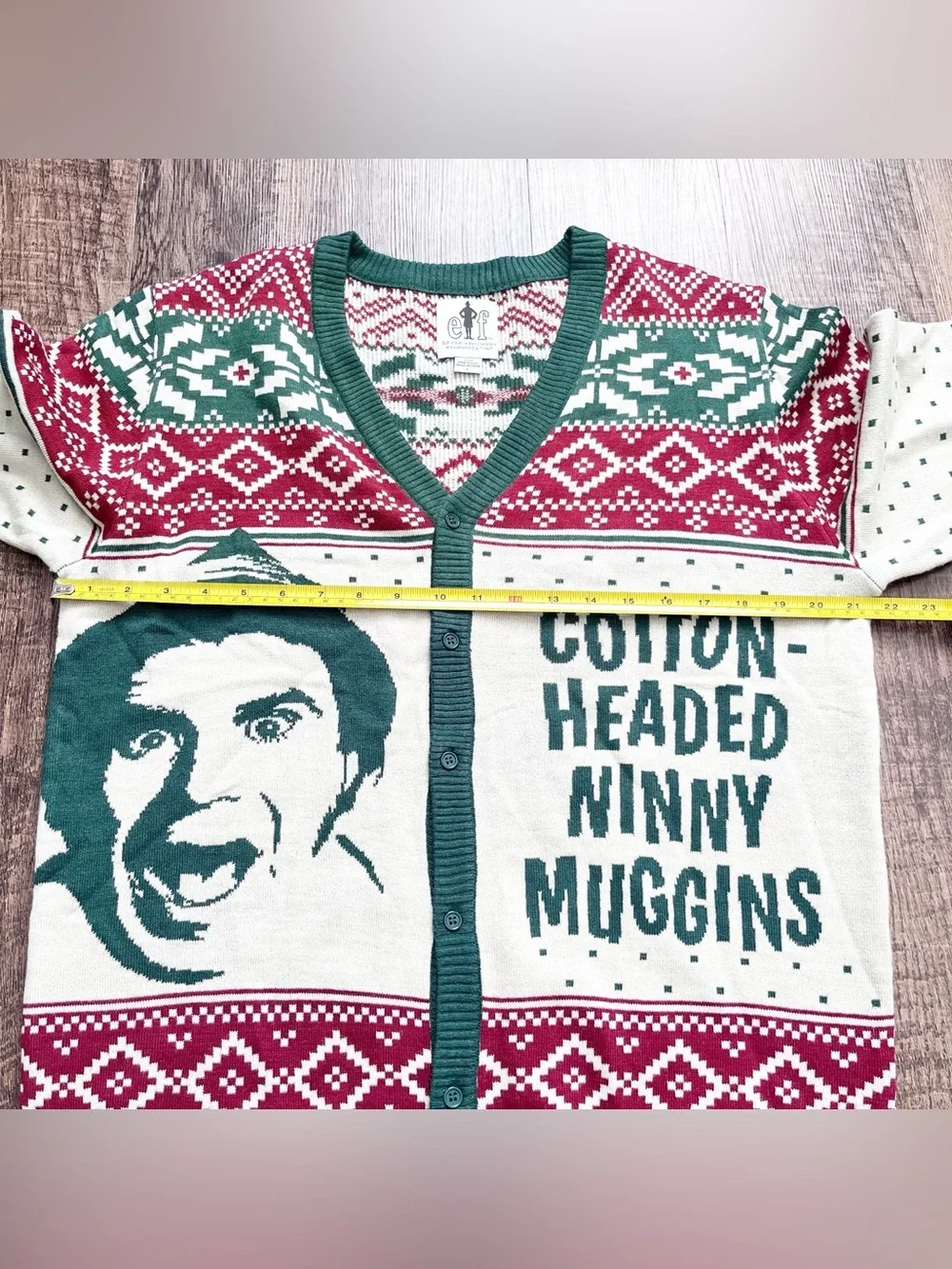ELF Cotton-Headed Ninny Muggins Holiday Cardigan Sweater Green & Red Men’s Large